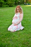 Ragazza incinta sull'erba nei cespugli del parco del lill? immagini stock Ragazza incinta sull'erba nei cespugli del parco del lill? immagini stock