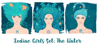Ragazze dello zodiaco messe: Acqua Illustrazione dei pesci, Cancro di vettore, royalty illustrazione gratis Ragazze dello zodiaco messe: Acqua Illustrazione dei pesci, Cancro di vettore, royalty illustrazione gratis