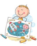 Ragazzino che si immagina un astronauta con un razzo nello spazio, fumetto illustrazione di stock Ragazzino che si immagina un astronauta con un razzo nello spazio, fumetto illustrazione di stock