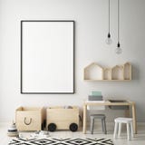 Raillez vers le haut du cadre d'affiche chez la chambre à coucher des enfants, le fond intérieur de style scandinave, 3D rendent Photographie stock libre de droits Raillez vers le haut du cadre d'affiche chez la chambre à coucher des enfants, le fond intérieur de style scandinave, 3D rendent Photographie stock libre de droits