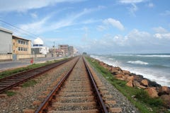 Railway Track, The Blue Sky And The Blue Sea Royalty Free Stock Photos