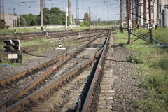 Railway Tracks at a Major Train Station at Sunset. Royalty Free Stock Photo Railway Tracks at a Major Train Station at Sunset. Royalty Free Stock Photo