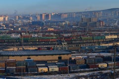 RailwChita, Russia - February 6, 2018: freight trains on a Russian railway station, Railway goods station in the russian city, royalty free stock photos RailwChita, Russia - February 6, 2018: freight trains on a Russian railway station, Railway goods station in the russian city, royalty free stock photos
