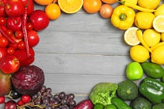 Rainbow Frame Made Of Fresh Fruits And Vegetables Stock Photo