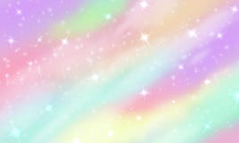 Rainbow unicorn background. Mermaid glittering galaxy in pastel colors with stars bokeh. Magic pink holographic vector