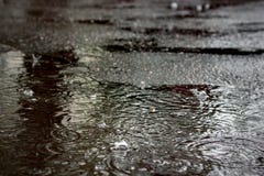 Raindrops in a puddle on the asphalt