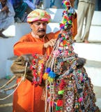 Rajasthani Indian man decorates his camel at Pushkar Fair, India stock photos Rajasthani Indian man decorates his camel at Pushkar Fair, India stock photos