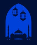 ramadan kareem Festligt hälsningkort med moskén, baner Muslimska ferieljus, lykta vektor royaltyfri illustrationer ramadan kareem Festligt hälsningkort med moskén, baner Muslimska ferieljus, lykta vektor royaltyfri illustrationer