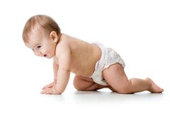 Rampement mignon d'enfant de bébé d'isolement sur le fond blanc photos stock Rampement mignon d'enfant de bébé d'isolement sur le fond blanc photos stock