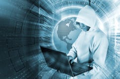 Concept of hacker attack with the hooded man with laptop in data center among supercomputers royalty free stock photo Concept of hacker attack with the hooded man with laptop in data center among supercomputers royalty free stock photo