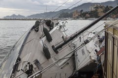 Rapallo Italy November/5/2018 - Disastrous outcome of a powerful storm that occurred on the night of October 29 in the harbor of stock photography Rapallo Italy November/5/2018 - Disastrous outcome of a powerful storm that occurred on the night of October 29 in the harbor of stock photography