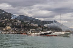 Rapallo Italy November/5/2018 - Disastrous outcome of a powerful storm that occurred on the night of October 29 in the harbor of stock photos Rapallo Italy November/5/2018 - Disastrous outcome of a powerful storm that occurred on the night of October 29 in the harbor of stock photos