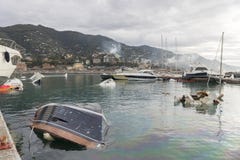 Rapallo Italy November/5/2018 - Disastrous outcome of a powerful storm that occurred on the night of October 29 in the harbor of stock photography Rapallo Italy November/5/2018 - Disastrous outcome of a powerful storm that occurred on the night of October 29 in the harbor of stock photography