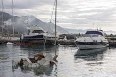 Rapallo Italy November/5/2018 - Disastrous outcome of a powerful storm that occurred on the night of October 29 in the harbor of royalty free stock image Rapallo Italy November/5/2018 - Disastrous outcome of a powerful storm that occurred on the night of October 29 in the harbor of royalty free stock image