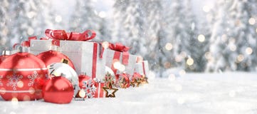 Rappresentazione rossa del fondo 3D delle bagattelle e dei regali di natale royalty illustrazione gratis Rappresentazione rossa del fondo 3D delle bagattelle e dei regali di natale royalty illustrazione gratis