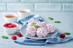 Raspberry Zephyr on a plate with fresh raspberries and mint royalty free stock photos Raspberry Zephyr on a plate with fresh raspberries and mint royalty free stock photos