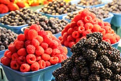 Rasperries and Blueberries in display pallets stock photos Rasperries and Blueberries in display pallets stock photos