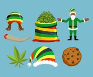 Rasta New Year icons set. Santa Claus and Big sack hemp. bag of. Marijuana. pile of green cannabis. Large joint or spliff. Smoking dope. Cheerful grandfather stock illustration Rasta New Year icons set. Santa Claus and Big sack hemp. bag of. Marijuana. pile of green cannabis. Large joint or spliff. Smoking dope. Cheerful grandfather stock illustration