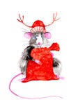 Rat symbol of the New 2020 in the red hat of Santa Claus with Christmas deer antlers holding a bag of gifts. Watercolor royalty free illustration Rat symbol of the New 2020 in the red hat of Santa Claus with Christmas deer antlers holding a bag of gifts. Watercolor royalty free illustration