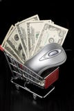 Ratón del ordenador y $100 cuentas de dólar en compras fotografía de archivo libre de regalías Ratón del ordenador y $100 cuentas de dólar en compras fotografía de archivo libre de regalías