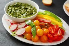 Raw vegetables snack pesto sauce Vegetarian healthy food Royalty Free Stock Photography Raw vegetables snack pesto sauce Vegetarian healthy food Royalty Free Stock Photography