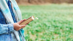 Reading Book Concept. Brunette Woman In Warm Sweater And Denim Jacket At Nature. Hipster Young Girl On A Walk In Spring Royalty Free Stock Photos