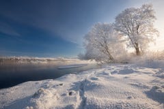 Real Russian Winter. Morning Frosty Winter Landscape With Dazzling White Snow, Hoarfrost River Bank With Traces And Blue Sky. Fog