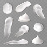 Realistic cosmetic cream smears. White creamy drop skincare cream product lotion thick fresh smooth smear vector texture