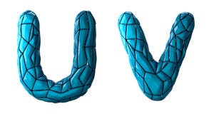 Realistic 3D letters set U, V made of low poly style. Collection symbols of low poly style blue color plastic isolated vector illustration Realistic 3D letters set U, V made of low poly style. Collection symbols of low poly style blue color plastic isolated vector illustration