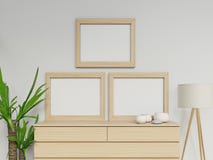 Realistic 3d render of cozy home interior with two a3 blank poster mock up design with vertical light wood frame sitting on drawer vector illustration Realistic 3d render of cozy home interior with two a3 blank poster mock up design with vertical light wood frame sitting on drawer vector illustration