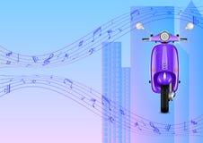 Realistic electric scooter against the city, skyscrapers and musical notes stock illustration Realistic electric scooter against the city, skyscrapers and musical notes stock illustration