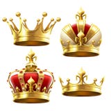 Realistic gold crown. Crowning headdress for king and queen. Royal crowns vector set