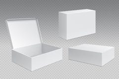 Realistic packaging boxes. White open cardboard pack, blank merchandising products mock up. Carton square container stock illustration Realistic packaging boxes. White open cardboard pack, blank merchandising products mock up. Carton square container stock illustration