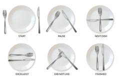 Realistic plates tableware restaurant etiquette. a set of realistic plates and cutlery in the form of etiquette signs vector illustration Realistic plates tableware restaurant etiquette. a set of realistic plates and cutlery in the form of etiquette signs vector illustration