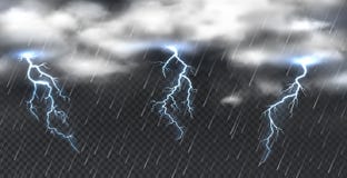 Realistic storm. Heavy clouds thunder and shower rain on transparent background. Vector atmosphere phenomenon with