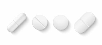 Realistic white pills. 3D drugs medicine capsules and vitamins, healthcare pharmacy tablets. Vector different isolated