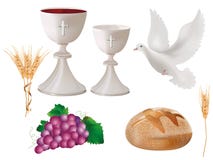 realistische lokalisierte christliche Symbole der Illustration 3d: weißer Messkelch mit Wein, Taube, Trauben, Brot, Ohr des Weize lizenzfreie abbildung realistische lokalisierte christliche Symbole der Illustration 3d: weißer Messkelch mit Wein, Taube, Trauben, Brot, Ohr des Weize lizenzfreie abbildung