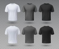 Realistische mannelijke t-shirt Wit en zwart model, voor en achtermenings 3D geïsoleerde ontwerpsjabloon Vectorsportslijtage en royalty-vrije illustratie Realistische mannelijke t-shirt Wit en zwart model, voor en achtermenings 3D geïsoleerde ontwerpsjabloon Vectorsportslijtage en royalty-vrije illustratie