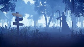 Reaper torvo che avanza verso il villaggio alla notte illustrazione vettoriale Reaper torvo che avanza verso il villaggio alla notte illustrazione vettoriale
