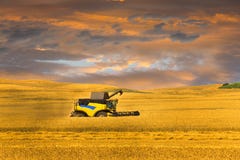 Reaping machine or harvester combine on a wheat field with a very dynamic sky Stock Photo Reaping machine or harvester combine on a wheat field with a very dynamic sky Stock Photo