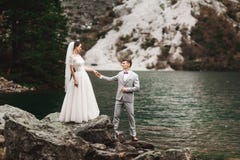 Rear view of bride and groom, standing on the lake shore with scenic mountain view in Poland. Morskie Oko stock photography Rear view of bride and groom, standing on the lake shore with scenic mountain view in Poland. Morskie Oko stock photography