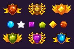 Recebendo o grupo do protetor e das gemas dos prêmios de mérito, concessões diferentes Para o jogo, interface de usuário, bandeir ilustração royalty free Recebendo o grupo do protetor e das gemas dos prêmios de mérito, concessões diferentes Para o jogo, interface de usuário, bandeir ilustração royalty free