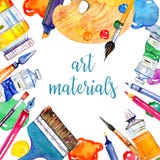 Rectangular Frame With Artist Materials - Palette, Pens, Palette Knife, Brushes And Tubes Stock Photo Rectangular Frame With Artist Materials - Palette, Pens, Palette Knife, Brushes And Tubes Stock Photo
