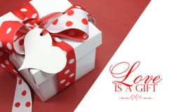 Red And White Polka Dot Theme Gift Box Present With Heart Shape Gift Tag, With Love, Royalty Free Stock Image