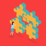 Red background with puzzle and woman solves problem. stock illustration Red background with puzzle and woman solves problem. stock illustration