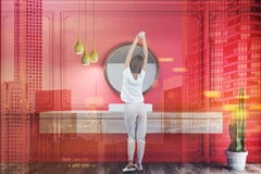 Red bathroom interior, sink and mirror, woman royalty free stock images Red bathroom interior, sink and mirror, woman royalty free stock images
