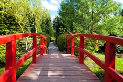 Red Bridge At The Japanese Garden Royalty Free Stock Images