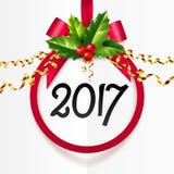 Red Christmas ball shape frame with holly leaves and 2017 sign inside. Red Christmas ball shape vector frame with holly leaves and 2017 sign inside stock illustration Red Christmas ball shape frame with holly leaves and 2017 sign inside. Red Christmas ball shape vector frame with holly leaves and 2017 sign inside stock illustration