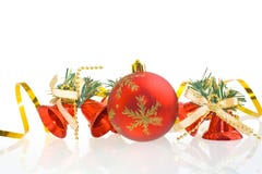 Red Christmas Balls And Red Hand Bells Stock Photography Red Christmas Balls And Red Hand Bells Stock Photography