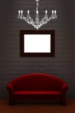 Red Couch With Empty Frame And Luxury Chandelier Stock Image